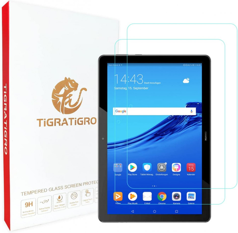 Set de 2 folii de protectie pentru Huawei Mediapad T3 Tigratigro, sticla securizata, transparent, 10,1 inchi