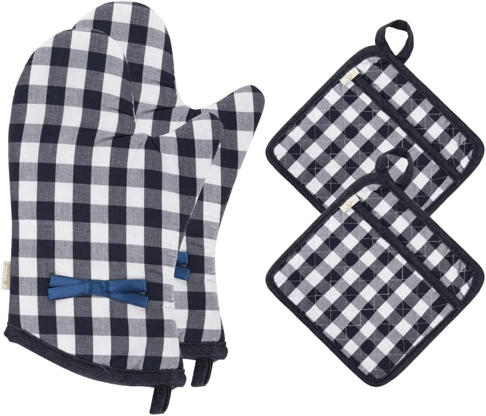 Set de 2 manusi si 2 suporturi de oale pentru bucatarie NEOVIVA, bumbac, bleumarin/alb