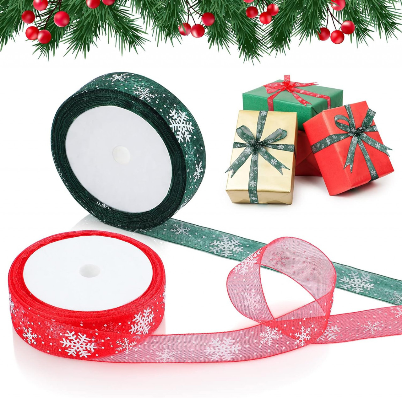 Set de 2 role de panglica pentru Craciun Geosar, rosu/verde, organza, 10 m x 2 cm