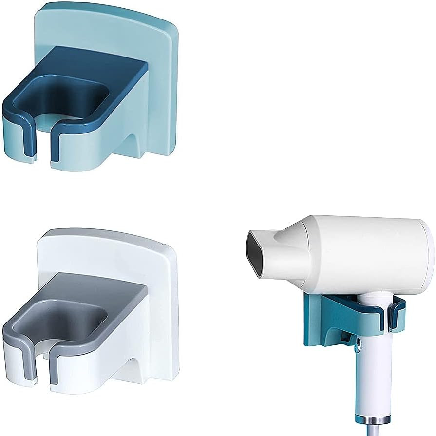 Set de 2 suporturi adezive pentru uscatorul de par TOFBS,ABS, alb/albastru, 80 x 82 x 95 mm