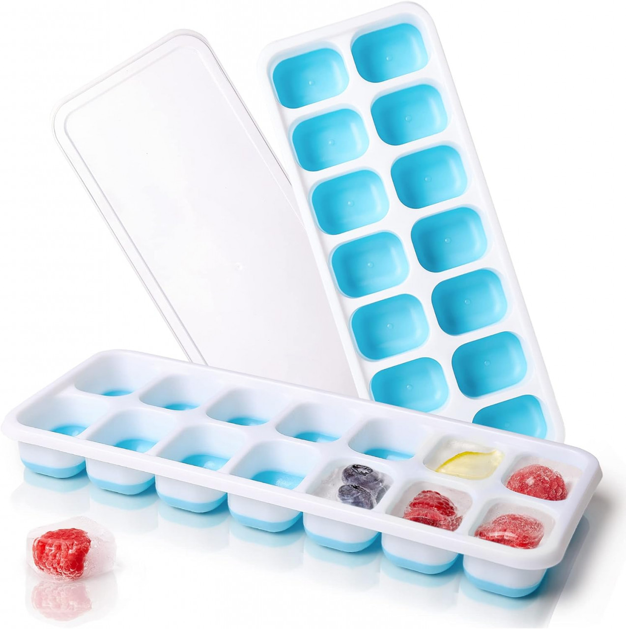 Set de 2 tavi stivuibile cu capace pentru cuburi de gheata iFancy, plastic, alb/albastru, 25 x 10 x 3 cm