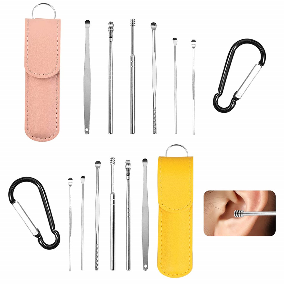 Set de 2 truse cu accesorii pentru curatarea urechilor TUAHOUS, galben/roz, otel inoxidabil/piele sintetica