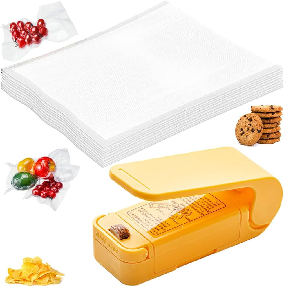 Set de 20 pungi de etansare si sigilator portabil SUNSK, plastic/ABS, galben/transparent, 15 x 20 cm / 9 x 3,5 x 6 cm