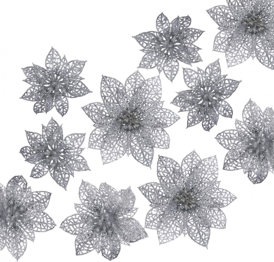 Set de 24 flori artificiale de Craciun Naler, plastic, argintiu, 8 / 10 /15 cm