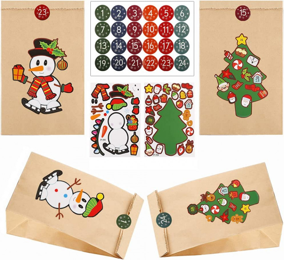 Set de 24 pungi si 48 stickere pentru calendarul de advent Tenwo, hartie/PVC, multicolor, 12 x 8 x 22 cm Advent Arte și meșteșuguri
