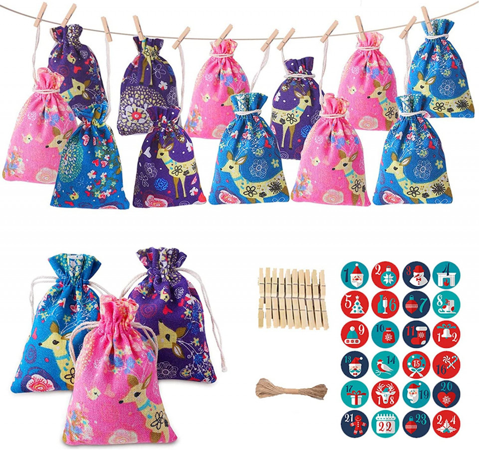 Set de 24 saculeti cu autocolante si clipsuri pentru calendar de advent DYWW, textil,/hartie/lemn, multicolor