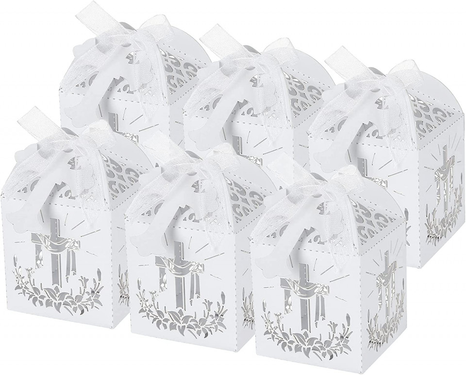 Set de 25 cutii pentru cadouri cu mesaj religios LEMESO, hartie, alb, 5 x 5 x 5 cm