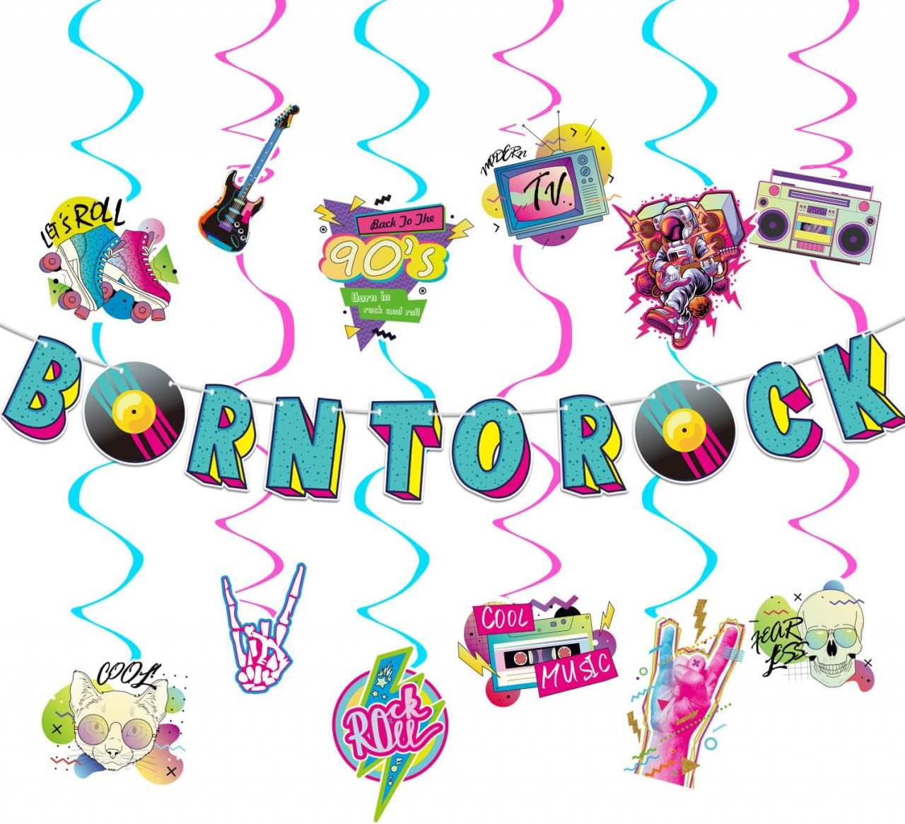 Set de 25 decoratiuni stil rock din anii \'90 NUWIQ, hartie/PVC, multicolor, 70 cm