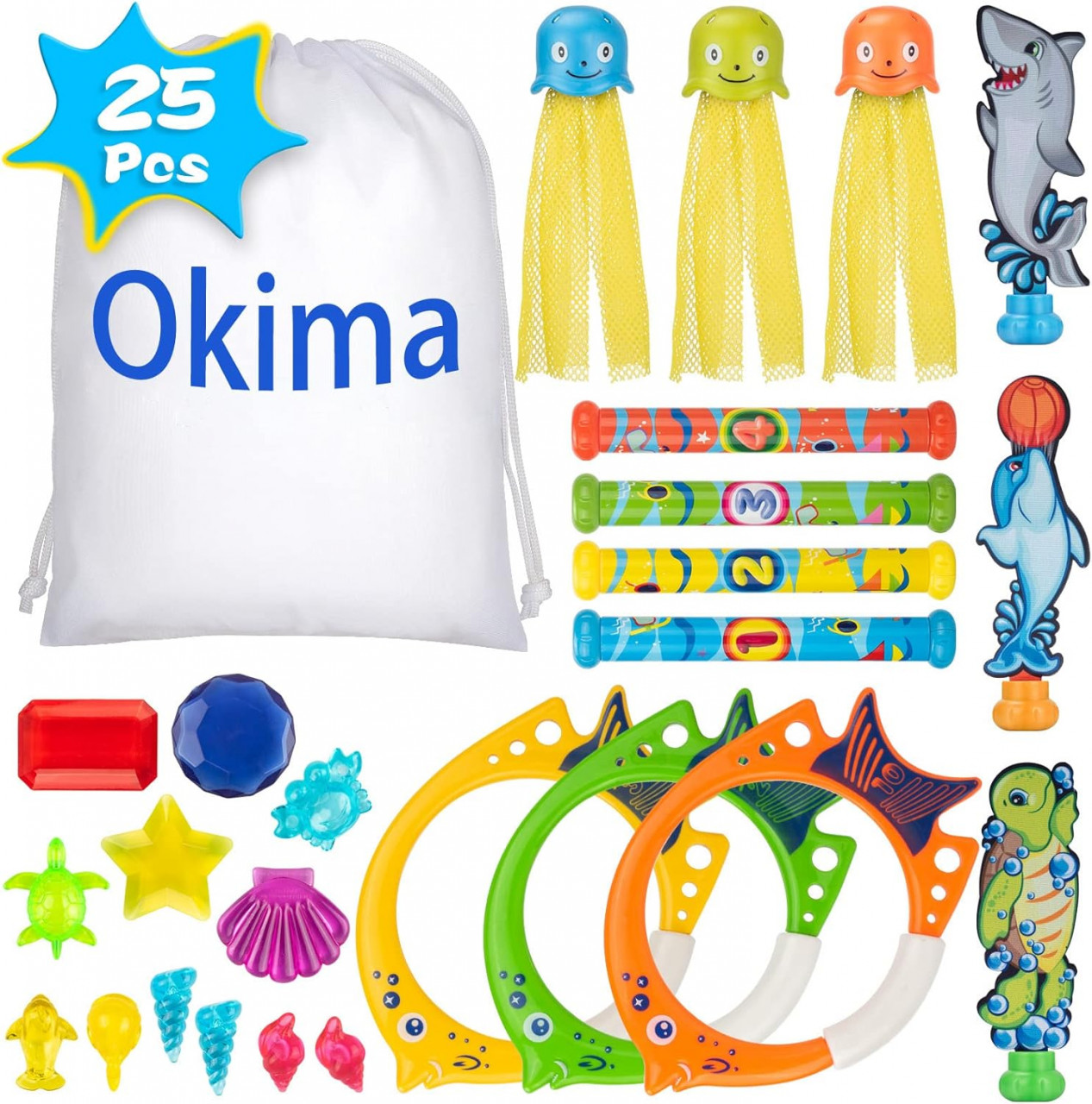 Set de 25 jucarii pentru scufundari in piscina Okima, ABS, multicolor