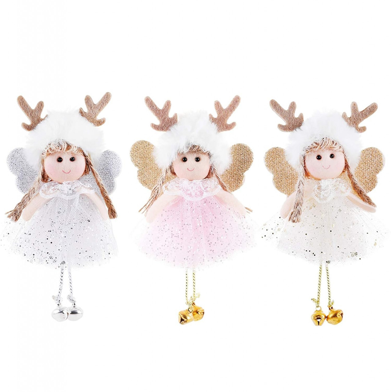Set de 3 figurine pentru brad Wuweot, panza, alb/roz/auriu