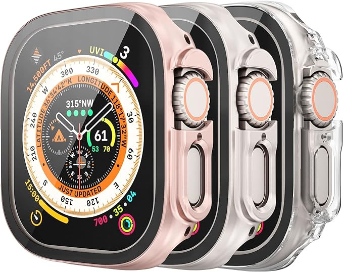 Set de 3 huse Mugust, compatibile cu Apple Watch Ultra 49 mm, roz/transparent/crem
