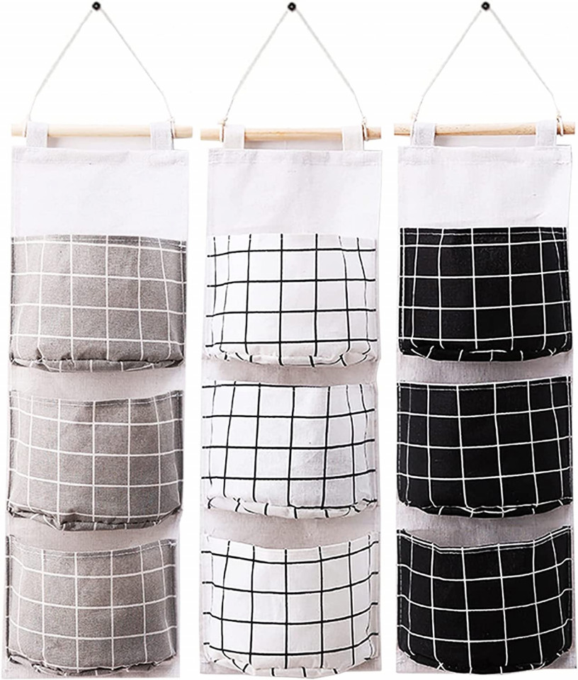 Set de 3 organizatoare suspendate MNEUSHOP, bumbac/lemn, alb/gri/negru, 20 x 58 cm Accesorii imagine noua
