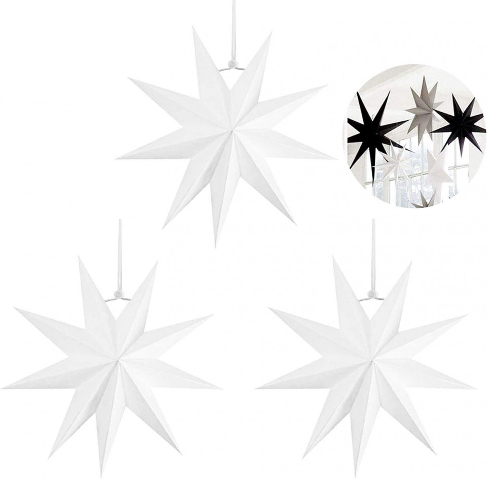 Set de 3 stele pentru Craciun Sunshine, hartie, alb, 30 X 30 cm