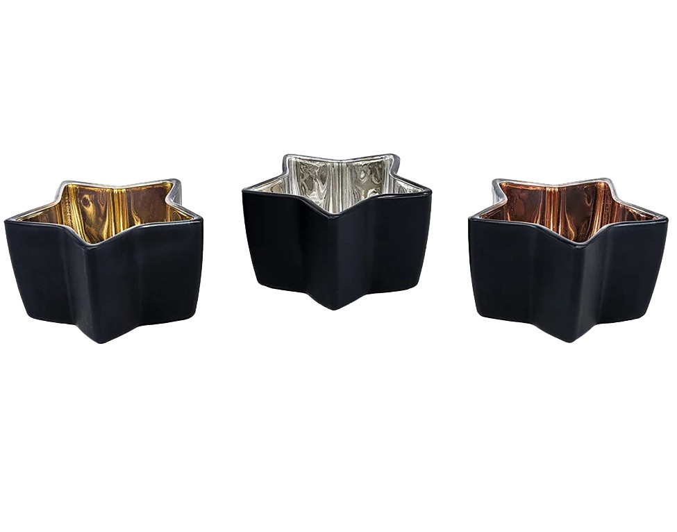 Set de 3 suporturi pentru lumanari stele Flanacom, sticla, auriu/argintiu/bronz, 7,5 x 7,5 x 4
