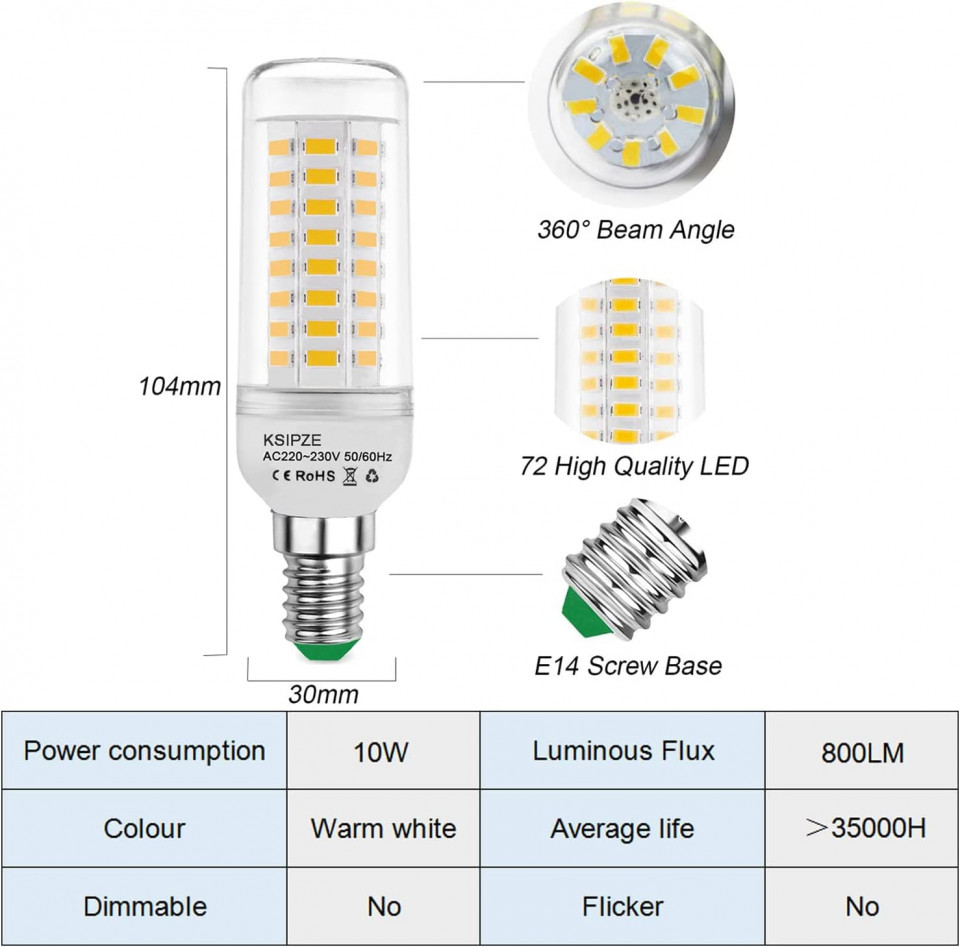 Set de 4 becuri LED E 14 Ksipze, 10 W, 800 lm, AC 220-230 V, 30 x 104 mm