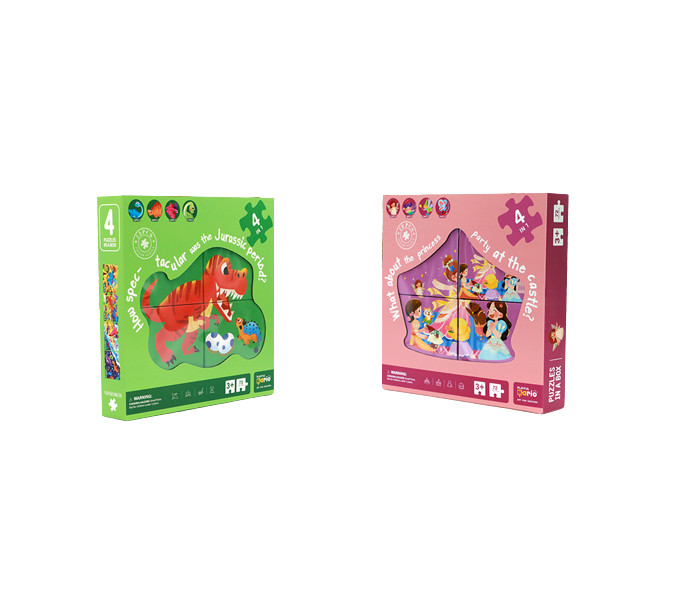 Set de 4 puzzle-uri cu dinozauri/printese PMGEKLP, 73 piese, carton, multicolor carton imagine reduss.ro 2022