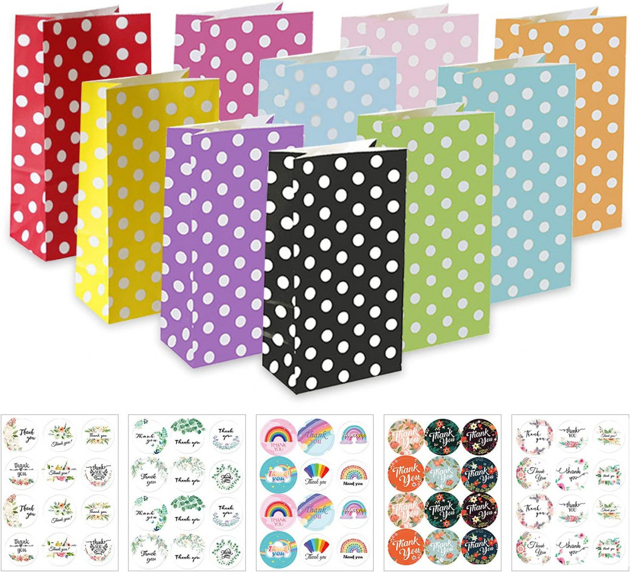 Set de 40 pungi pentru cadouri si 60 stickere Isky, hartie, multicolor, 13 x 8 x 24 cm