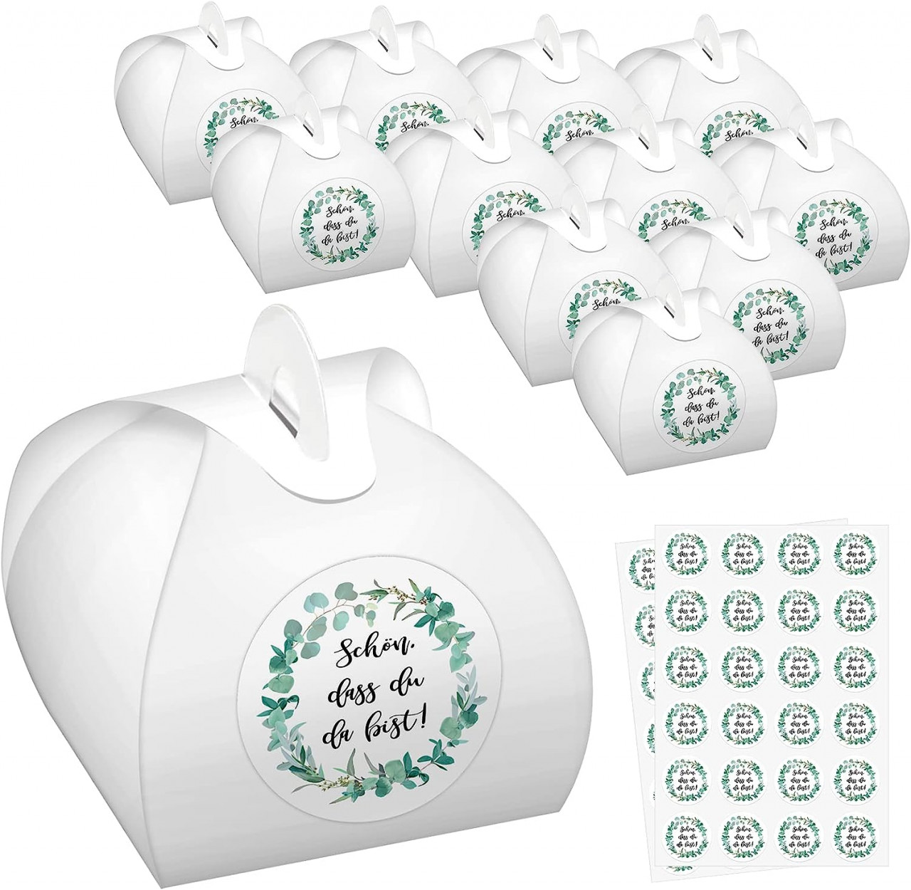 Set de 48 cutii cu autocolante pentru prajituri Censen, carton, alb/verde, 6 x 6 x 5,5 cm