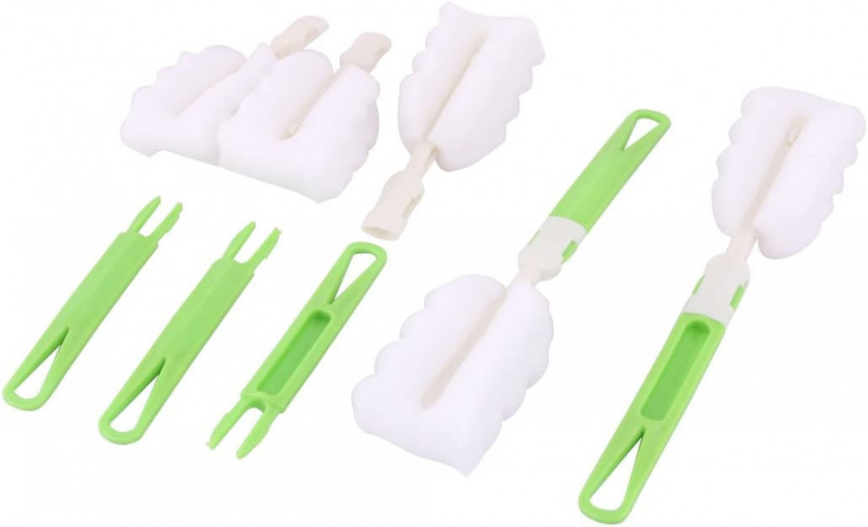 Set de 5 perii de curatare pentru sticle cu gat ingust Sourcing map, plastic/burete, alb/verde,