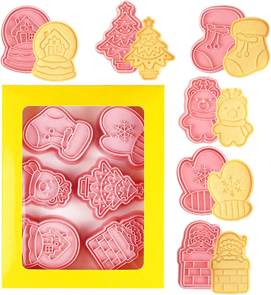 Set de 6 forme de biscuiti pentru Craciun Pipihome , plastic, roz