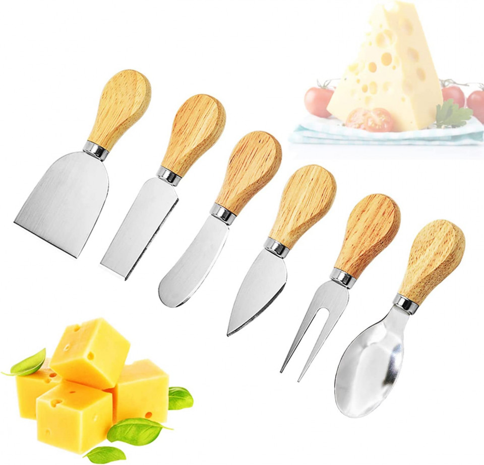 Set de 6 spatule pentru branza JDwinwin, lemn/otel inoxidabil, argintiu/natur