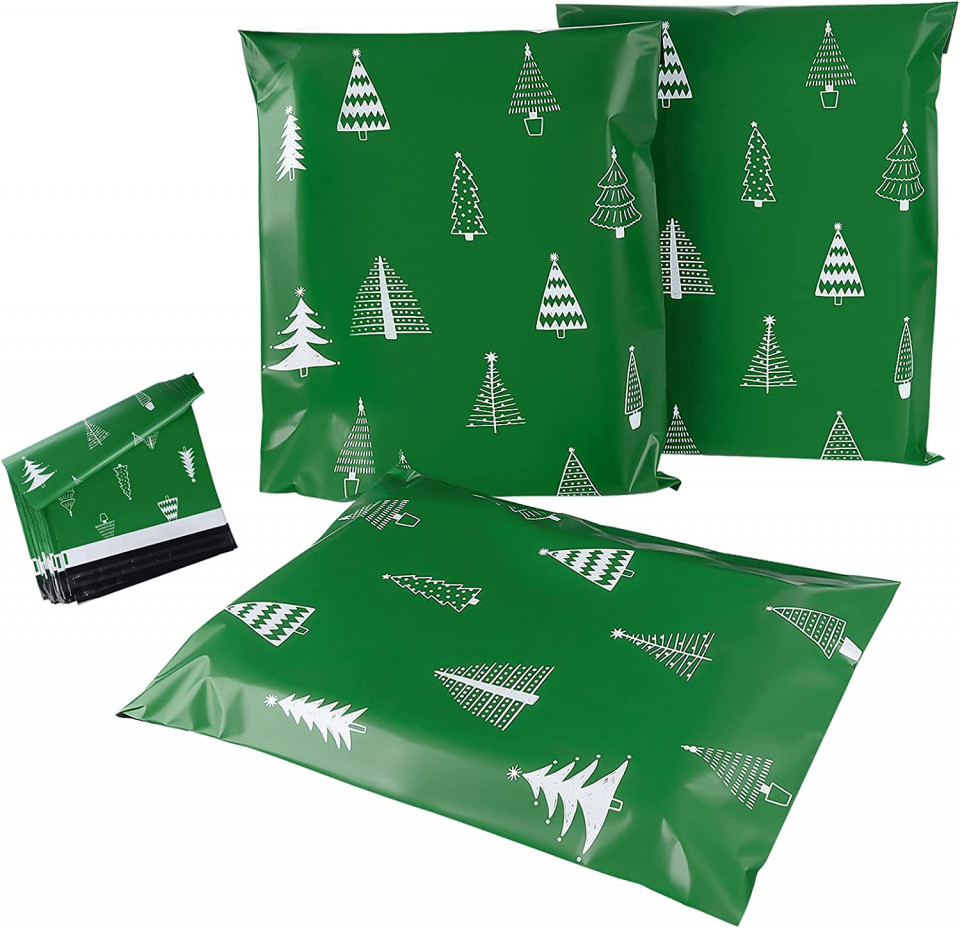 Poze Set de 60 de pungi auto-adezive pentru transport de Craciun Homewit, plastic, verde/alb, 30 x 40 cm