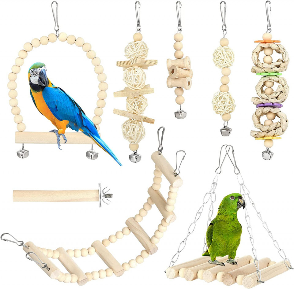 Set de 8 jucarii pentru papagal Gwhole, lemn/metal, multicolor accesorii imagine 2022