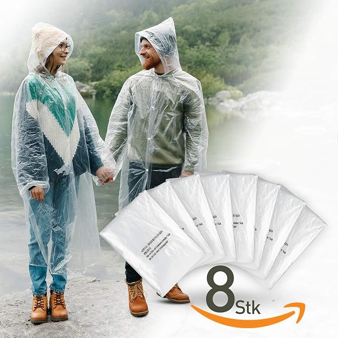 Set de 8 poncho-uri pentru ploaie de unica folosinta Iveum, PE, transparent, 95 x 116 cm
