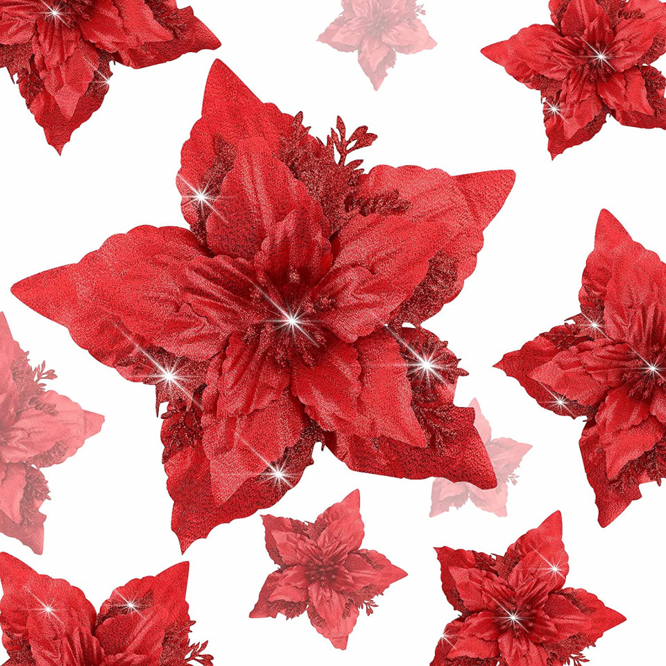 Set de 9 flori de Craciun GLAITC, plastic, rosu, 18 cm
