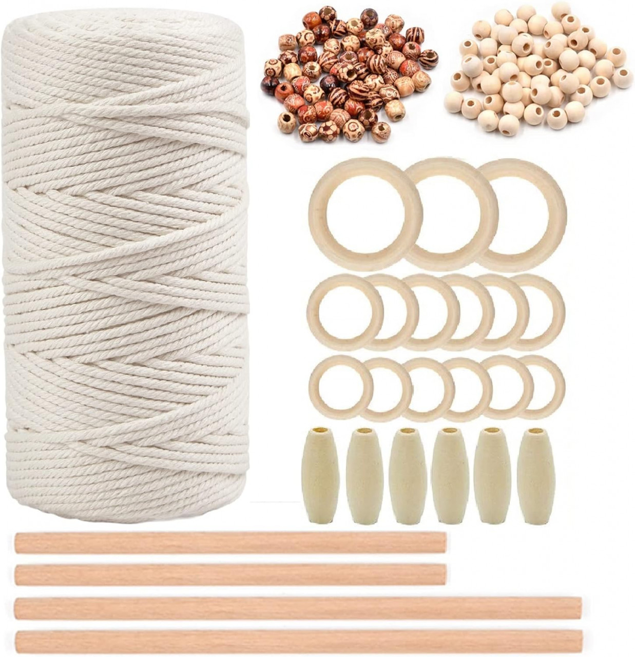 Set de creatie cu macrame Nsxin, bumbac/lemn, alb/natur/maro,122 piese