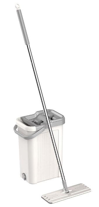 Set de curatenie Kring New Clear, 7.5L, galeata doua compartimente ( clatire + stoarcere), maner telescopic si mop plat + o rezerva, Alb/Gri,