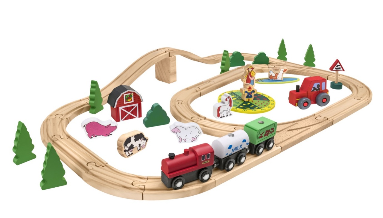 Set de joaca din lemn pentru copii, trenulet pe traseu cu sine, 1 vagon si 2 locomotive prindere magnetica, sine universale, 47 piese incluse, piese