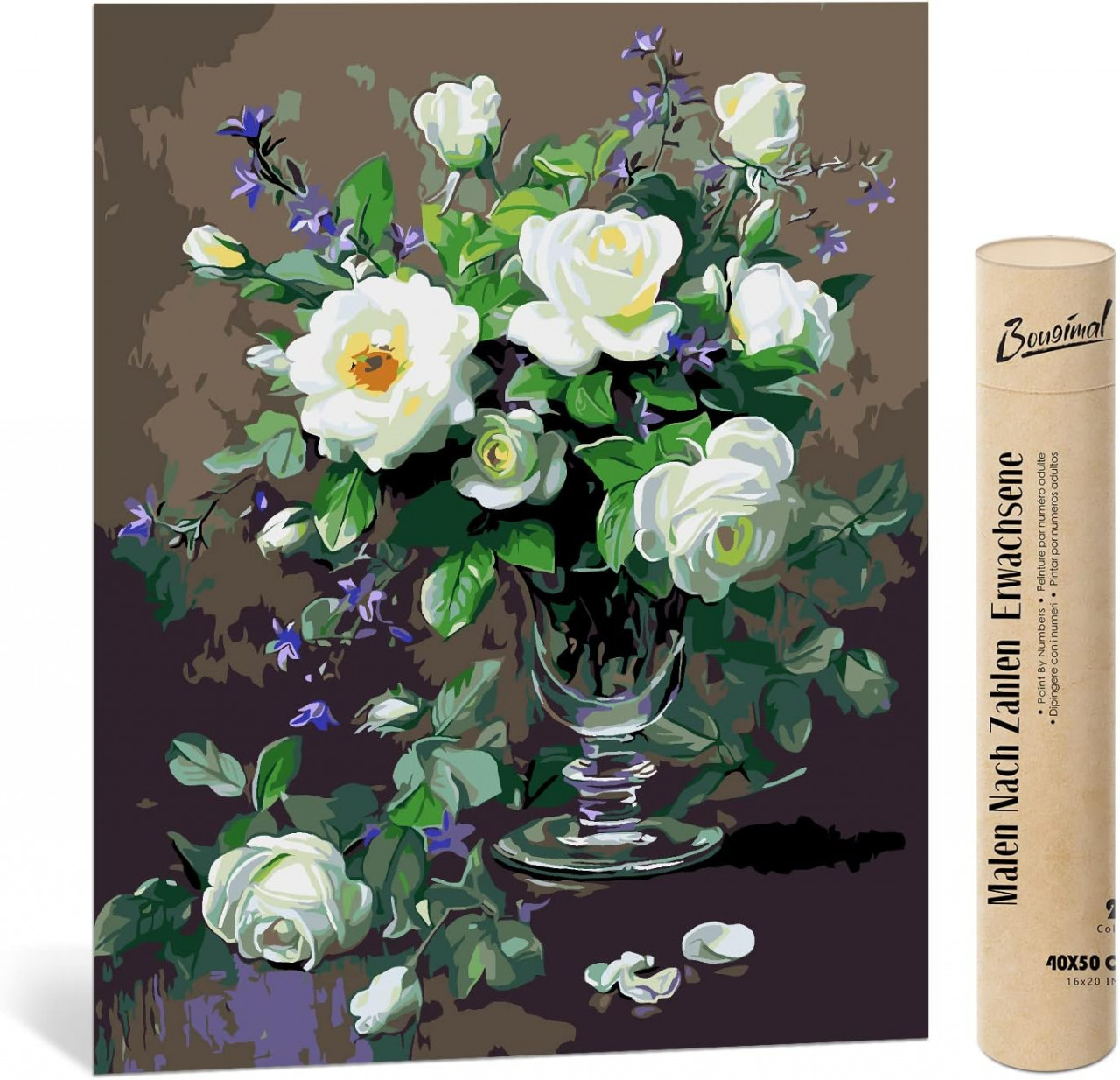 Set de pictura cu numere Bougimal, vopsea acrilica, model floral, multicolor, 40 x 50 cm