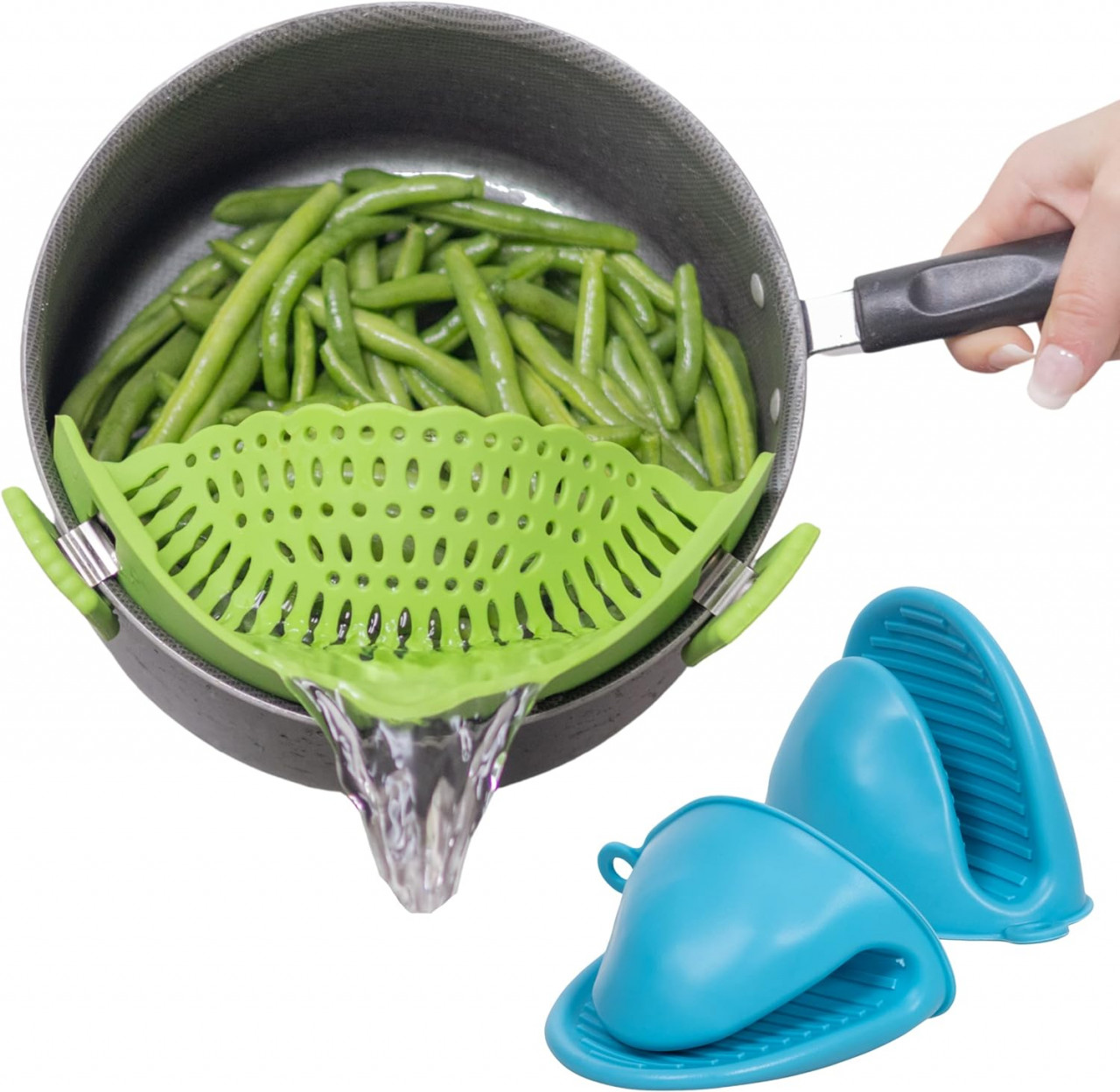 Set de strecuratoare si 2 manusi pentru oale Capoferri, silicon, verde/albastru, 22 x 8 x 5,99 cm