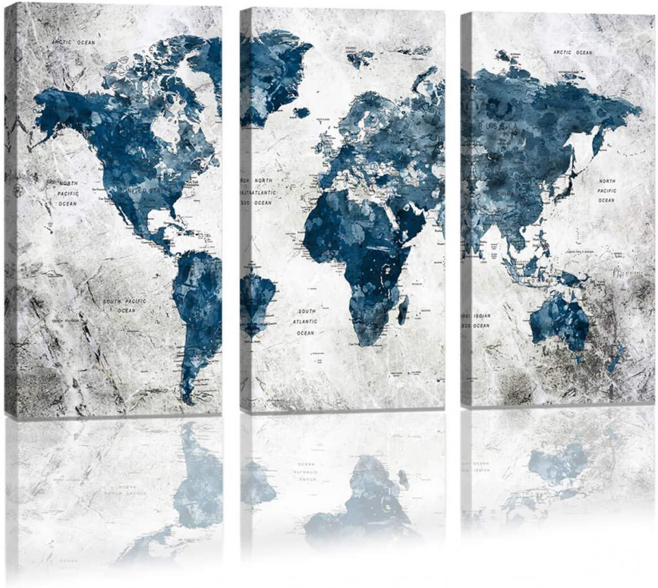 Set de tablouri KEKEMONO, 3 piese, model harta lumii, panza, gri/albastru inchis, 40 x 80 cm