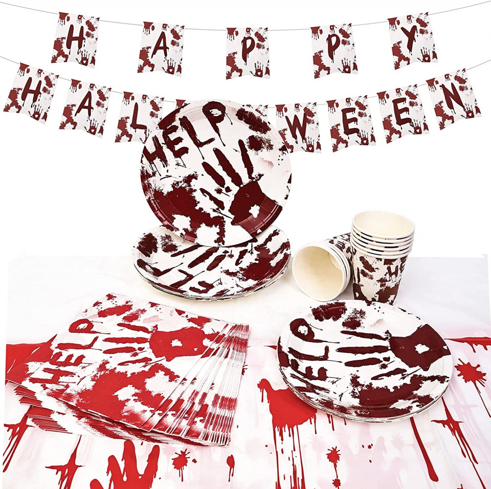 Set de vesela cu banner pentru Halloween Halcyerdu, hartie, rosu/visiniu/alb accesorii