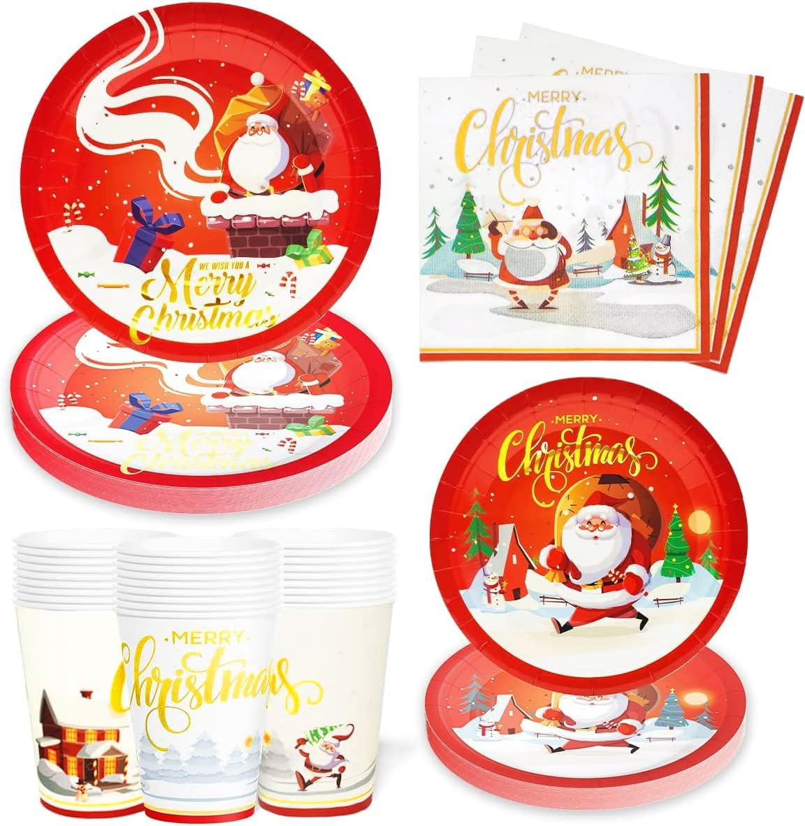 Set de vesela pentru Craciun AinDen, hartie, multicolor, 24 persoane