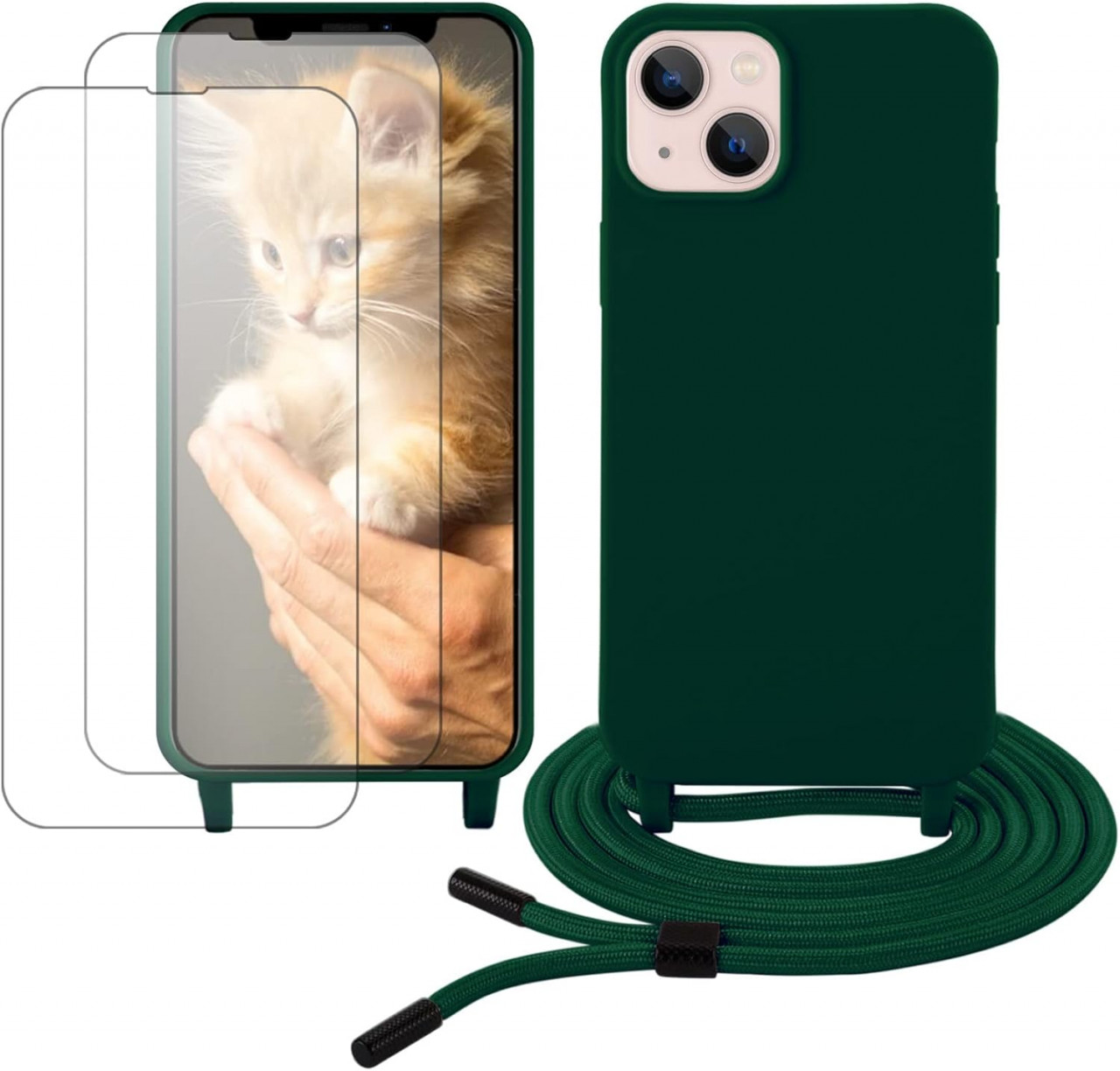 Set husa cu snur si 2 folii de protectie pentru iPhone 13 Gumo-Long, poliester/TPU, verde inchis/transparent, 6,1 inchi