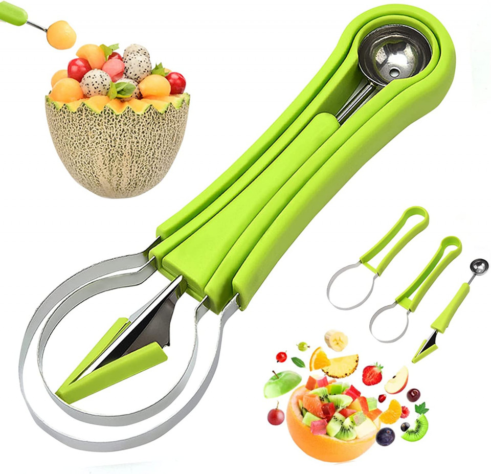 Set instrumente de sculptura in fructe Cisolen, plastic/otel inoxidabil, verde/argintiu, 21,2 x 7,5 cm/20,1 x5,4 cm/ 19,4 x 2,8 cm