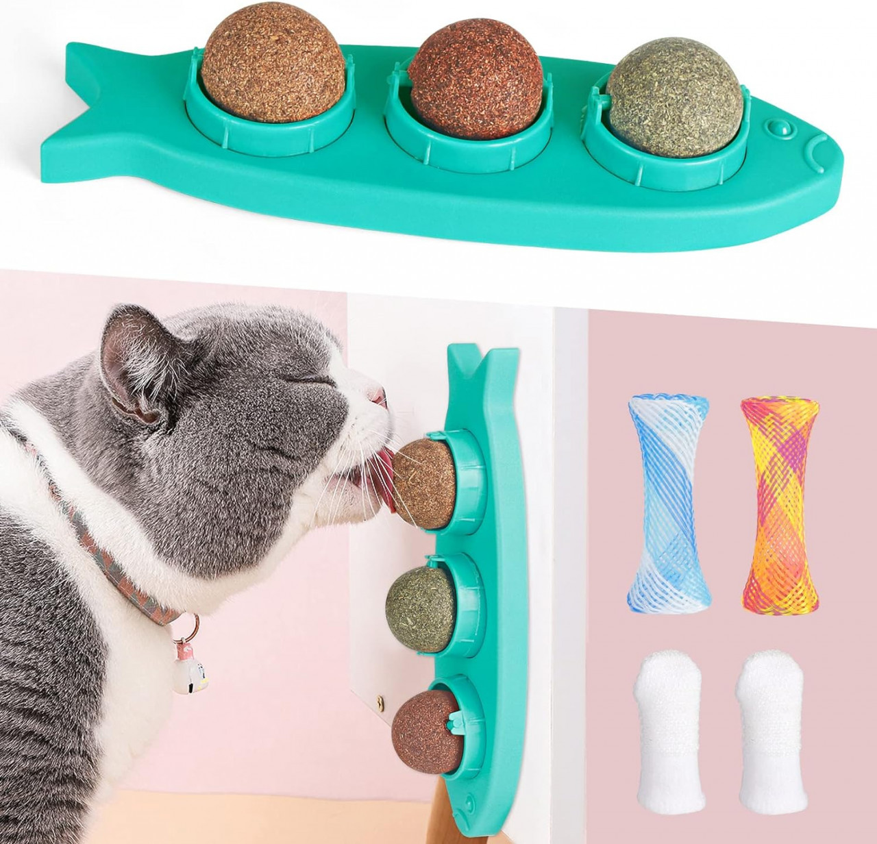 Set jucarie cu 3 bile de catnip si 2 periute de dinti Ketiee, plastic/textil, multicolor