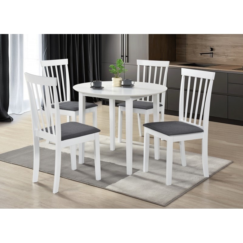 Set masa dining si bucatarie Sophia, MDF, rotunda, 90x74 cm si 4 scaune Houston, lemn, tapiterie stofa, alb