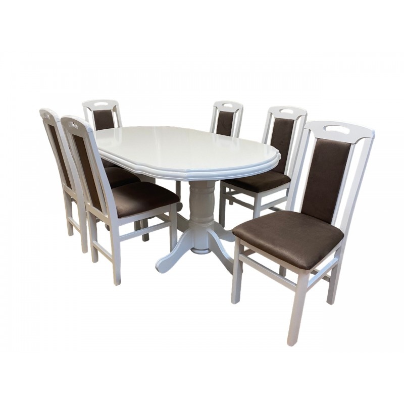 Set masa living SB Nork alba plus 6 scaune SB Tim alb/maro, 74x90x160/200 cm