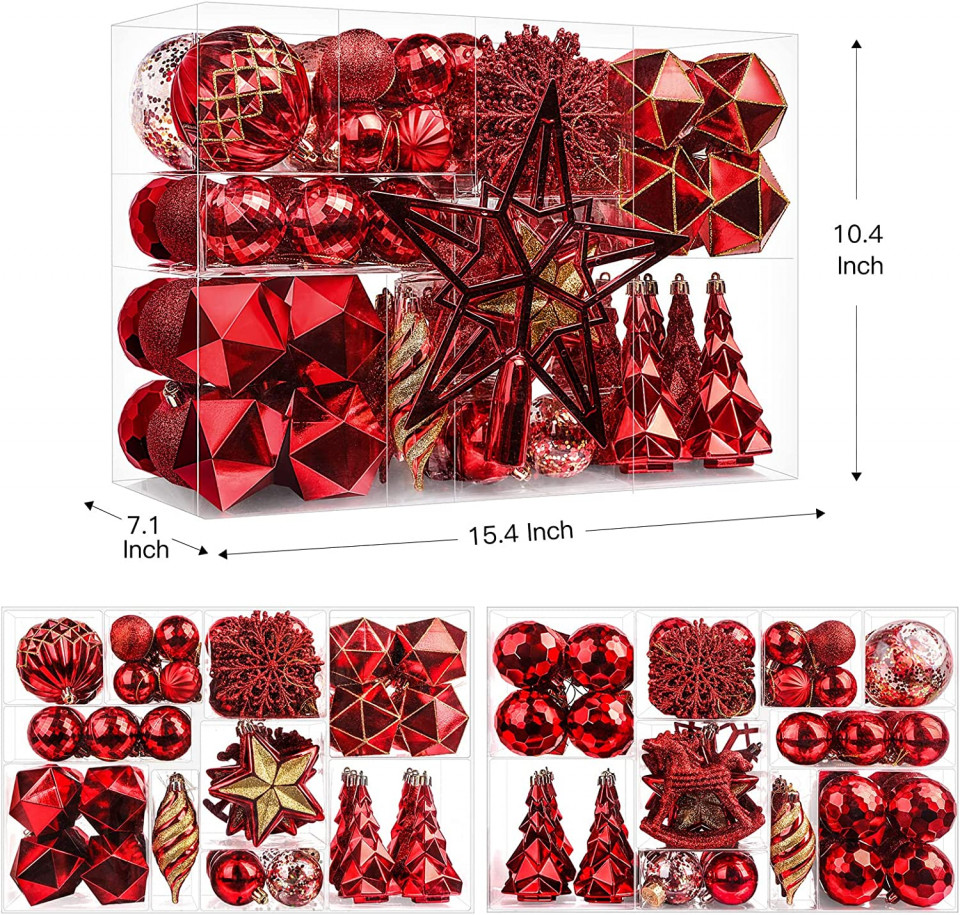Poze Set mixt de ornamente pentru brad SHAreconn, plastic, rosu/auriu