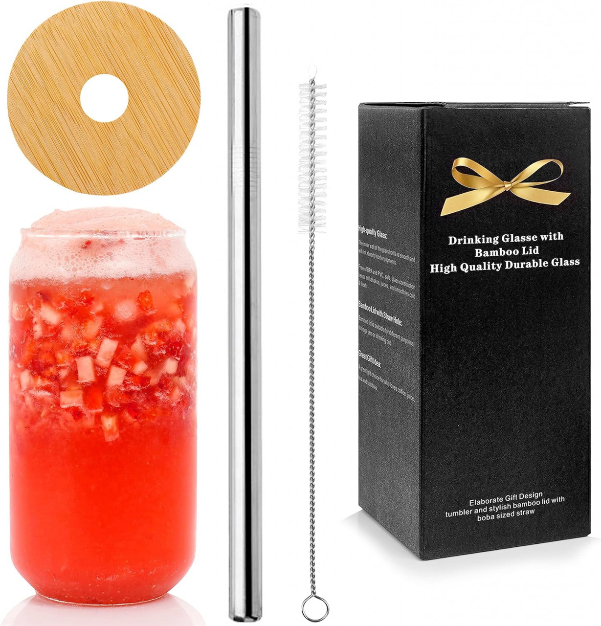 Set pahar cu capac, un pai si o perie ANOTION, sticla/lemn/otel inoxidabil, transparent/argintiu/natur, 15,5 x 6,7 cm, 590 ml