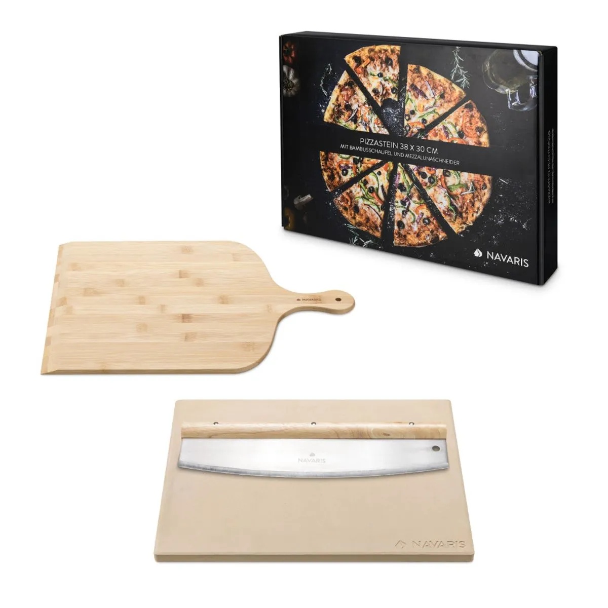 Set piatra de pizza Navaris, 30x38 cm, cu palet de bambus si cutit, pana la 800°C, resigilat