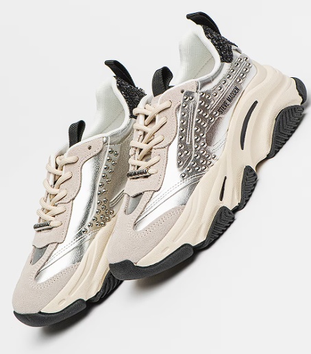 Steve Madden, Pantofi sport cu garnituri de piele intoarsa, Argintiu, 38, Resigilat, Grad A