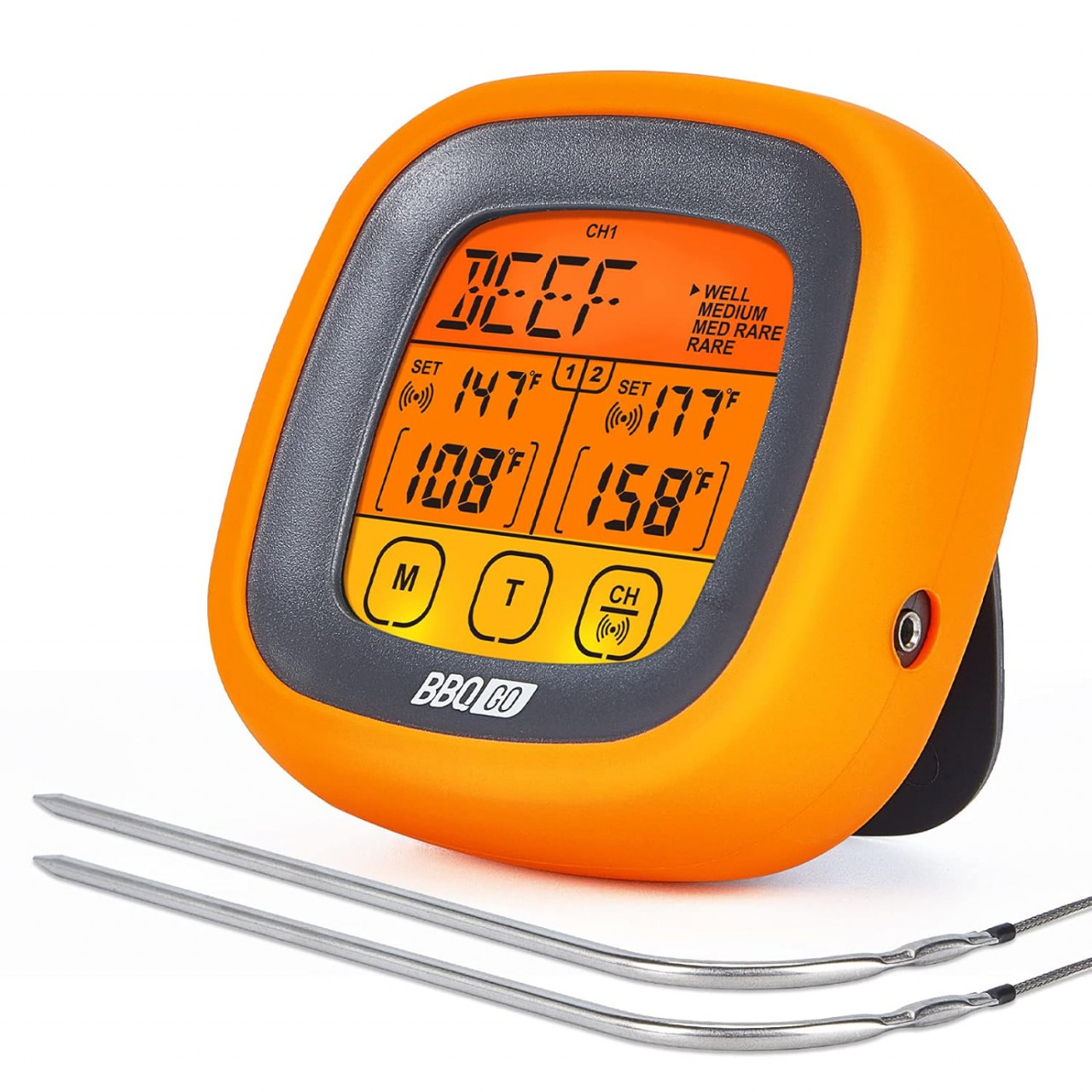 Termometru digital pentru carne Bbqgo, ecran LCD, plastic/metal, portocaliu/negru/argintiu