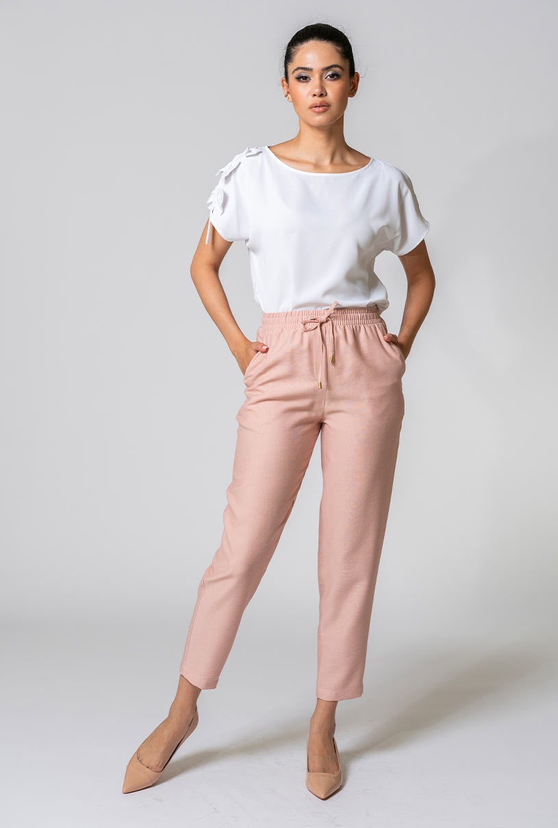 Pantaloni uni conici din rayon, cu un croi lejer si ...