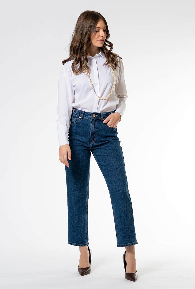 Blugi mom fit cu talie inalta, Hermosa 35870, bleumarin