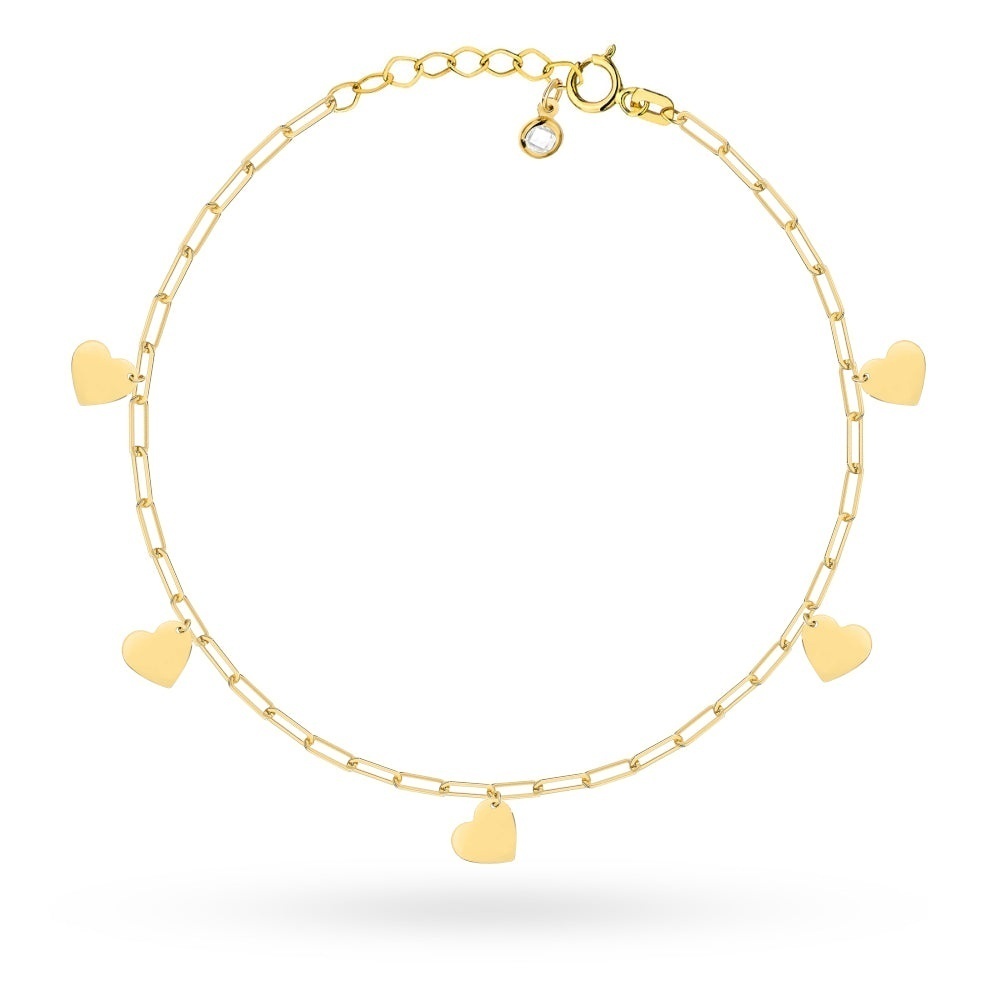 Brățară de Gleznă Aur 14K cu Zale Lungi și Inimioare Pendulare